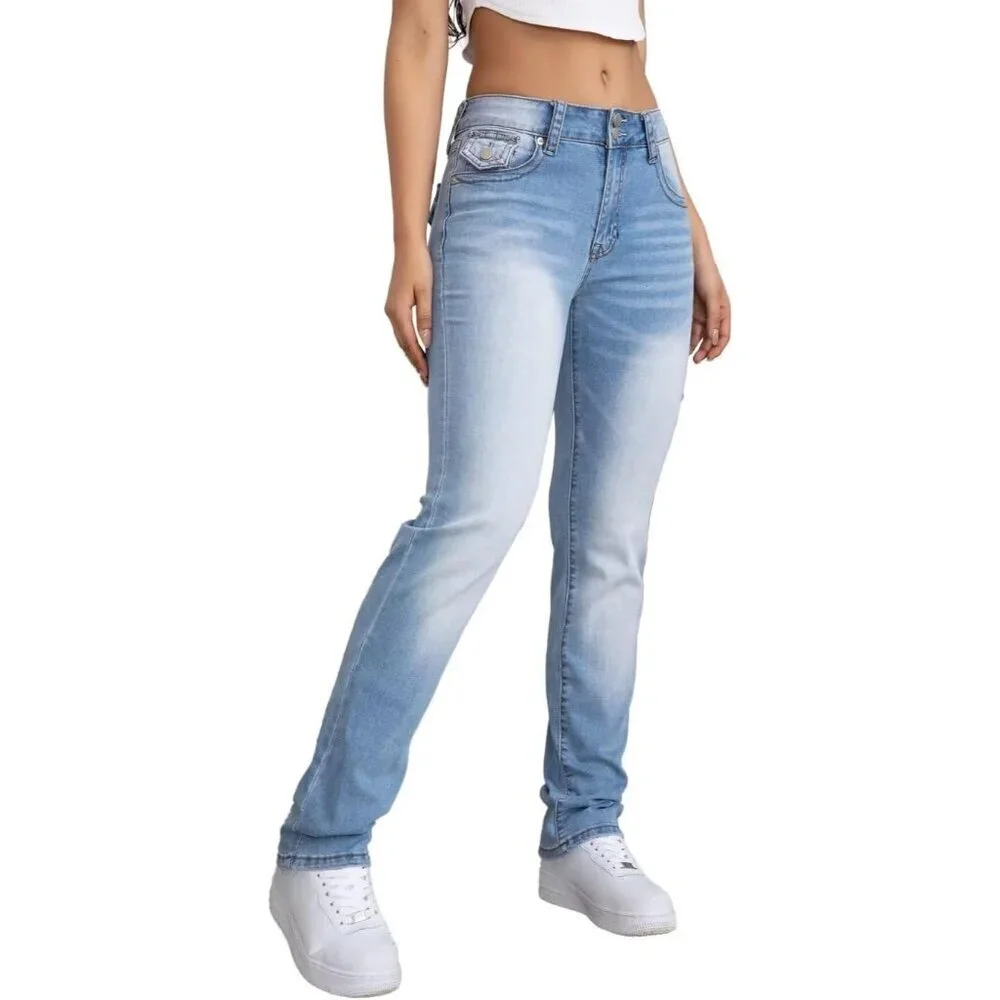 Women's Stretchy Mid Rise Bootcut Jeans Solid Wash 90s Straight Leg